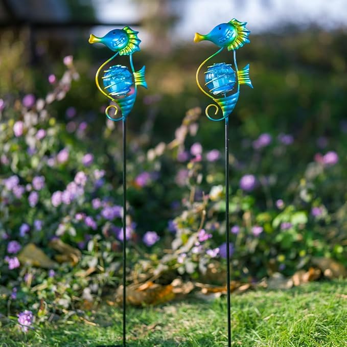 Solar Lights Outdoor 2 Pack,Metal Garden Decorative Stake Solar Lights Blue Seahorse Decor for Garden,Pathway,Lawn,Patio,Yard