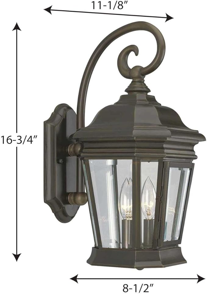 Progress Lighting P5671-108 2-Light Wall Lantern with Clear Beveled Glass Panels and Scroll Arm Details, Oil Rubbed | Lumora