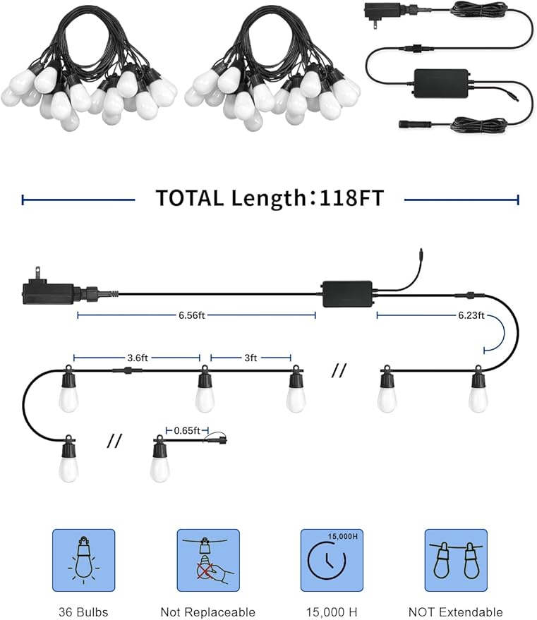 Outdoor String Lights APP Control with Remote, 118(98+12) ft RGB+IC+Warm White Outdoor Light 36 LED Bulbs, NOT Extendable, Music Sync for Garden Party Decor Christmas