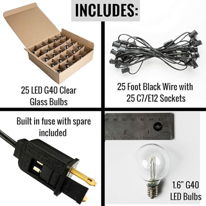Hometown Evolution, Inc. G40 LED Warm White Outdoor Patio String Lights with 0.6 Watt Bulbs (G40 LED 3 Diode - Black Wire, 25 ft)