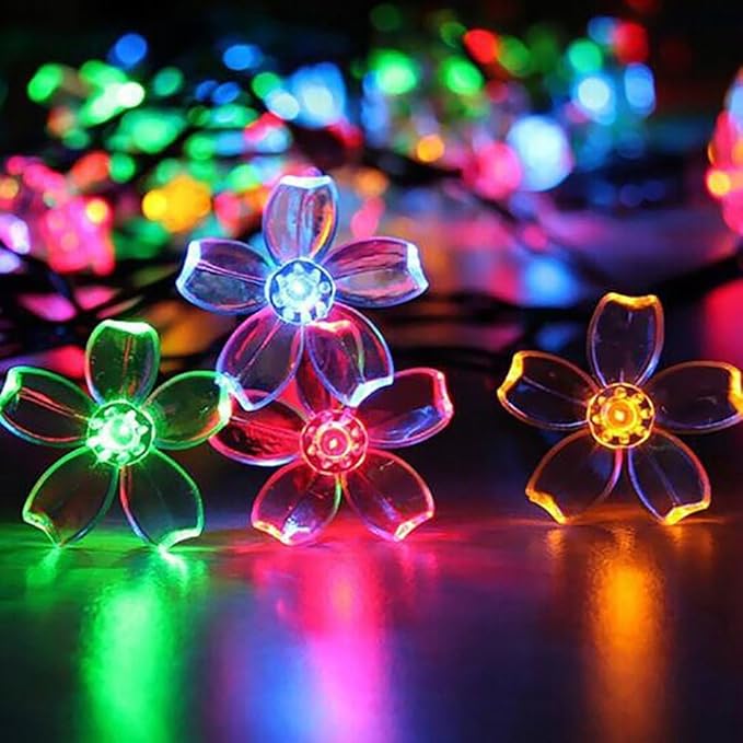 Outdoor Flower String Lights, 33ft Black Wire Fairy Lights with 100 LED Lighted Cherry Blossom for Indoor/Outdoor Backyard, Patio, Garden, Party, Christmas Decoration (Black Wire-Multicolored)
