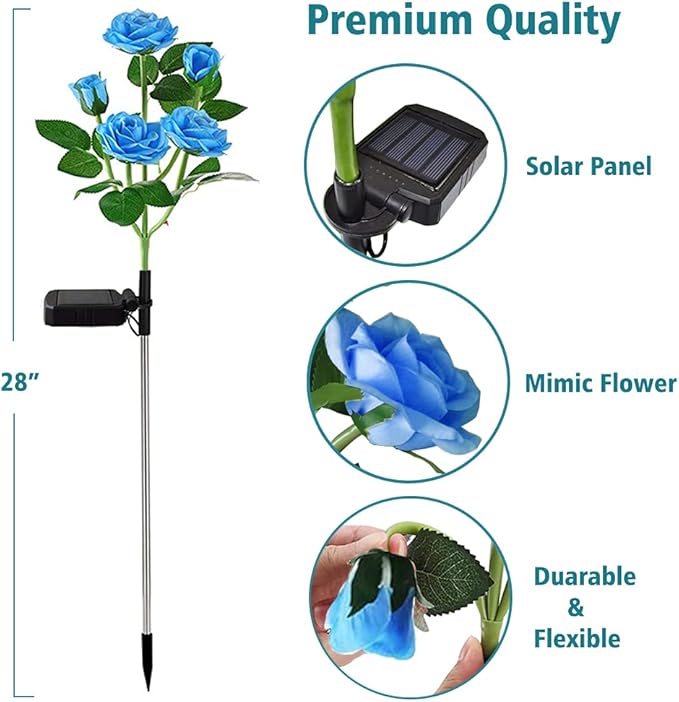 Solar Garden Stake Lights, Rose Flowers Lights LED Solar Stake Lights with 5 Roses Waterproof for Garden, Yard, Christmas Pathway, Grave Decor