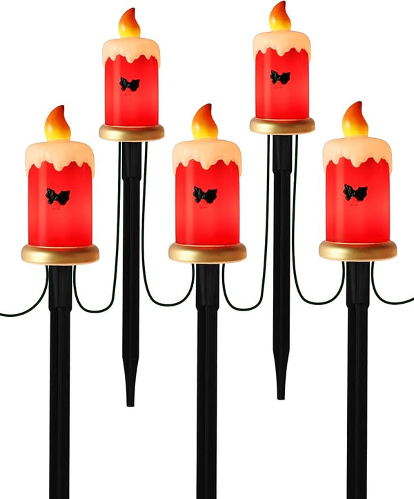 Set of 5 Christmas Candle Pathway Lights, Classic Red Outdoor Christmas Decorations for Yard, Weatherproof C7 LED | Lumora