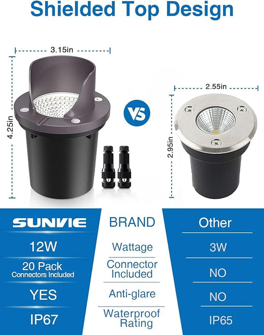 SUNVIE 12 Pack Low Voltage Landscape Lighting 12W LED Outdoor In-Ground Waterproof Shielded Well Lights Warm White Paver Lights with Wire Connectors for Pathway Garden Yard Fence Deck