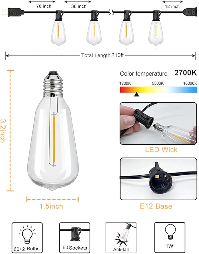 Upgraded LED Outdoor String Lights 210Ft Shatterproof Waterproof ST38 Vintage Edison Bulbs Patio Lights Energy Saving Hanging Outdoor for Christmas Porch Deck Garden Backyard Wedding Party