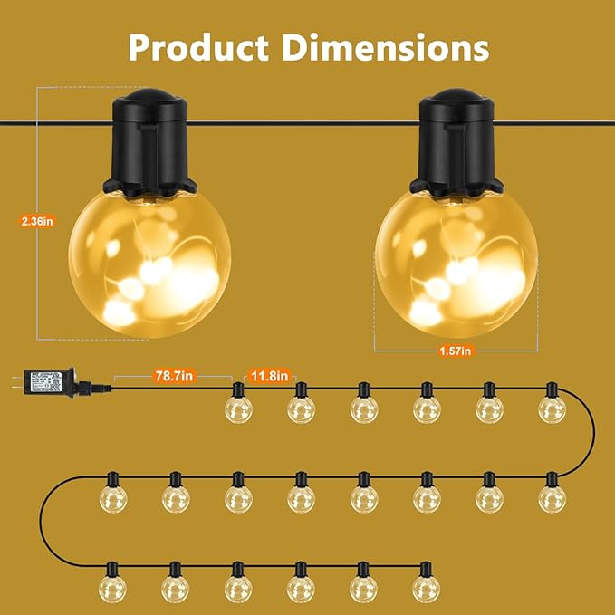 Outdoor String Lights, 25ft 20 LED Bulbs Hanging Patio Lights Dimmable with Timer & Remote, Globe Bulb Shatterproof | Lumora