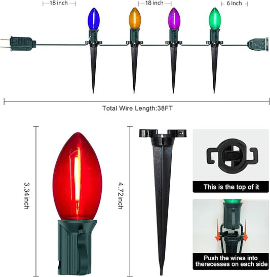 C9 LED Christmas Pathway Lights 38 Feet Outdoor String Lights with Marker Stakes, 25 LED Clear Multicolor Connectable Christmas Walkway Markers Lights for Outside Porch Garden Patio Lawn Decor