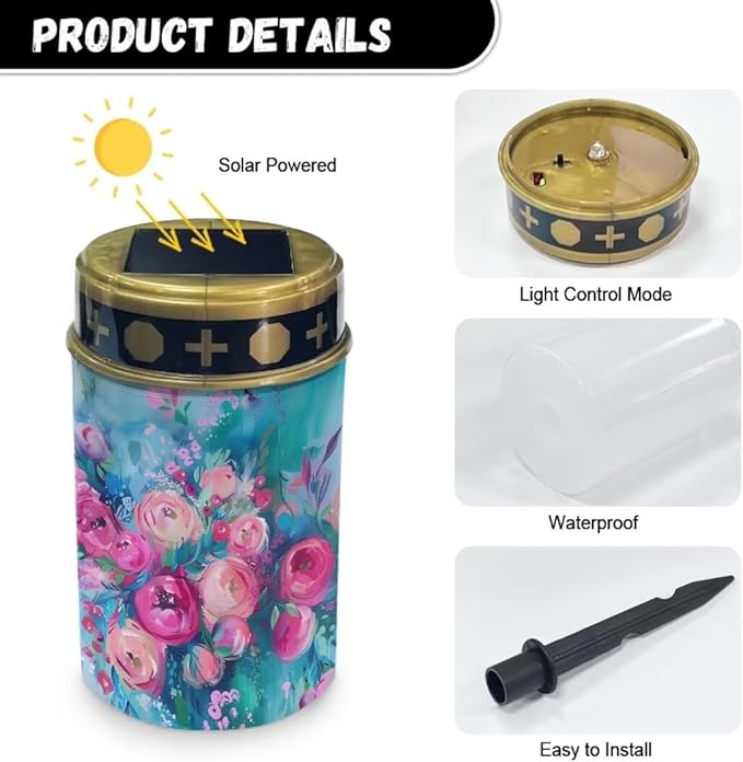 Kuiaobaty Rose Print Solar Pathway Lights Outdoor Solar Lights Outdoor Garden Stake Pathway Lights Solar Powered Decorative Solar Lights Outdoor Garden Path LED Solar Lights for Outside 2024