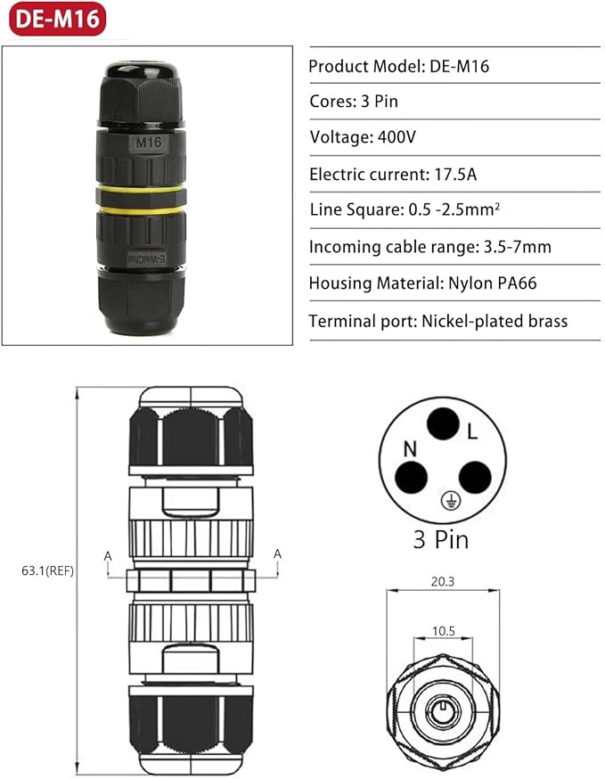 IP68 Outdoor Waterproof Junction Box 3Pin M16, Ø 3.5-7mm Wire Range AC 400V, 17.5A for Repair and Extend Cable Connect, Outdoor Light Wiring,5 Pack