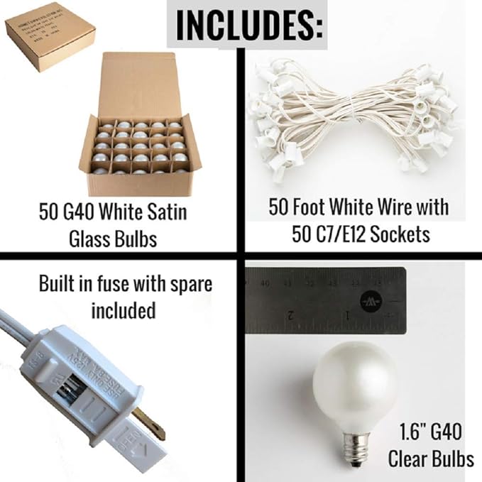 Hometown Evolution, Inc. 50 Foot G40 White Pearl Wedding String Lights with White Wire and G40 1.6 Inch 5 Watt Globe Bulbs for Parties, Patios, Backyards, Tents and More
