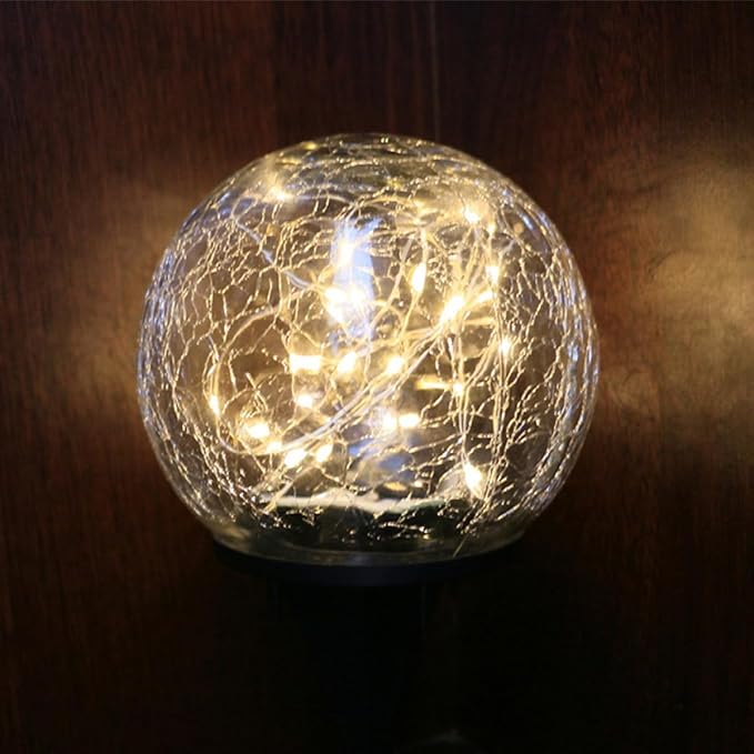 VOSAREA 2pcs Solar Lawn Lights Outdoor Waterproof Garden Pathway Lights 12cm Crackled Globe 30 Warm Yellow LEDs Solar Spotlight for Yard and Patio