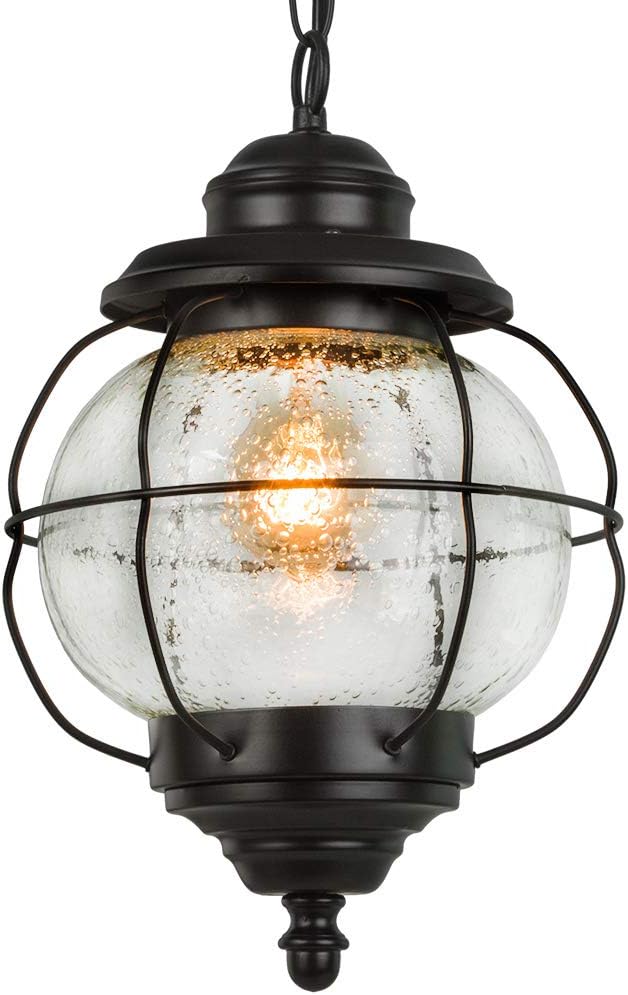 LALUZ Outdoor Pendant Lights, Farmhouse Ceiling Hanging Porch Fixture in Black Metal with Clear Bubbled Glass Globe in Iron Cage Frame, Exterior Lantern for Gazebo, Entryway, Patio