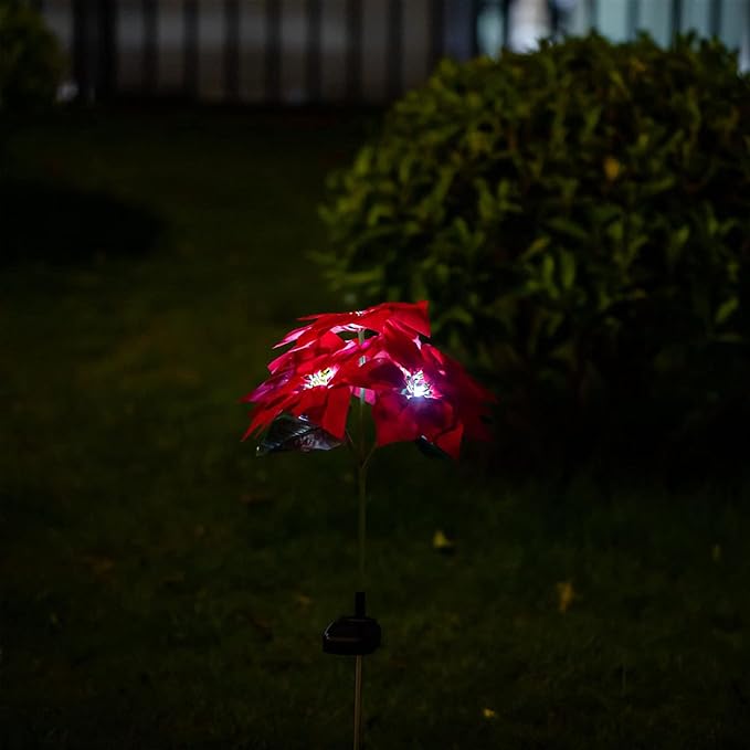 Outdoor Solar Flower Lights,2Pcs15.7Inch Solar Christmas Poinsettia Flower Lights,Waterproof Garden Stake Light Decorative Solar Patio Lawn Lamp for Yard Pathway
