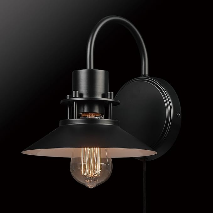 GLOBE Electric Wren 1-Light Plug-in or Hardwire Wall Sconce, Matte Black, 6ft Black Braided Fabric Designer Cord, in-Line On/Off Rocker Switch, Bulb Not Included