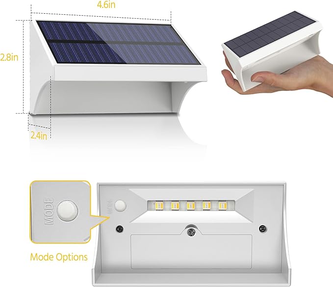 NIORSUN Outdoor Fence Lights, 6 Pack Waterproof LED Solar Fence Lights with 1500mAh Battery, Warm White/Cool White/RGB, Easy-to-Install Wall Light for Deck, Patio, Railing, Stairs, Backyard – White