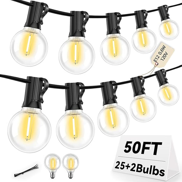 50FT G40 LED String Lights with 25 Shatterproof Bulbs (2 Spares), E12 Sockets, 2700K Warm White, eatherproof Patio | Lumora
