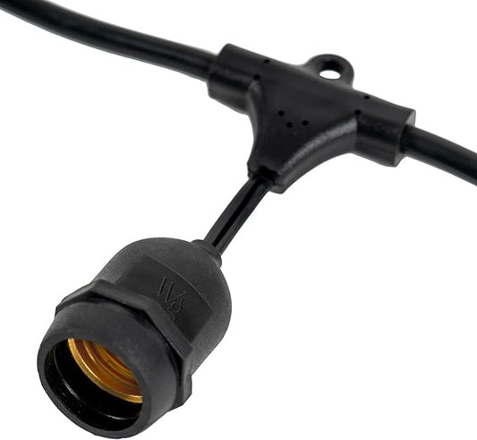 100-ft 50 Suspended Sockets E26 Commercial Patio Light Stringer, Heavy Duty Weatherproof SJTW Black Wire, 24" Spacing, 16 Gauge Wire, Stringer Only