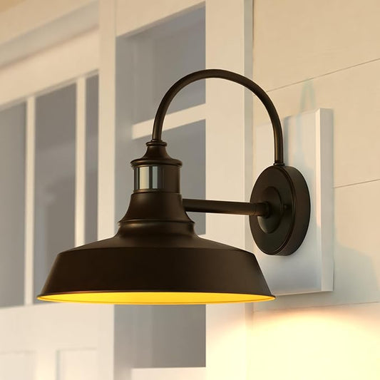 VAXCEL Dorado Outdoor Steel Wall Light with Motion Sensor, 12" W x 12.25" H Rustic Farmhouse Gooseneck Wall Sconce for Porch, Patio, Deck, or Front Door, Bronze