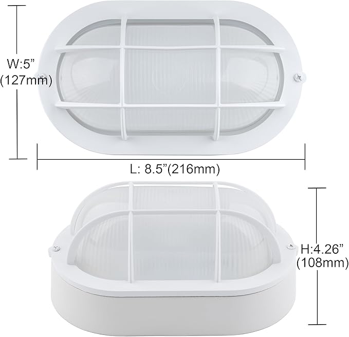 GRUENLICH 8.5'' Oval Outdoor Wall Lights, Dimmable LED Bulkhead Light, Sauna & Exterior Lighting, ETL Rated, 6W 600 Lumen, 3000K Warm White, White Cast Aluminum, Wall/Ceiling Mount, 1-Pack