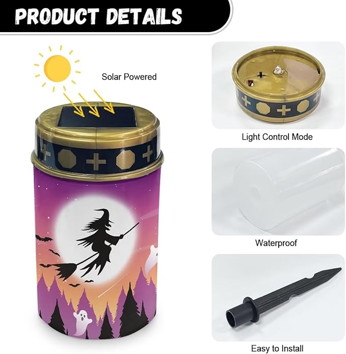 Witch Moon Print Solar Lights Outdoor Waterproof Solar Garden Light Halloween Decorative Solar Lights for Yard Path Walkway Landscape Path Lights