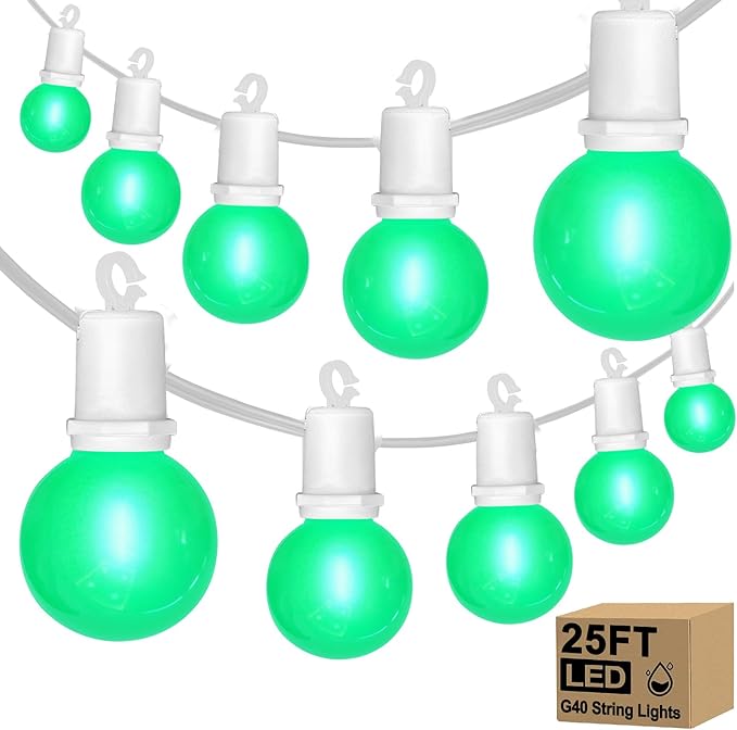 G40 LED St. Patrick's Day String Lights Outdoor, 25Ft St Patricks Decorations Lights Outdoor with Ceramic Green Round Bulbs, Hanging Patio Lights Shatterproof for Indoor Home Decor Party, White Wire