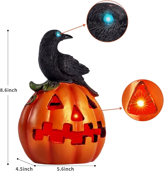 HUYIENO Solar Halloween Pumpkin Decoration with Crow Solar Powered Garden Lights Color Changing LED Halloween Yard Lawn Party Outdoor Decorations