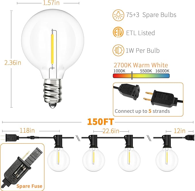 Svater Outdoor String Lights 150 FT with 4 Pack Landscape Lighting Low Voltage for Patio Backyard Fence Garden