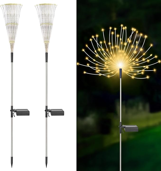 2PACK Solar Firework Lights outside150LEDs 8 Lighting Mode Sensor Light Waterproof for Garden Decoration Yard Pathway Christmas ,Halloween,Parties,Wedding, Christmas Decoration (White)