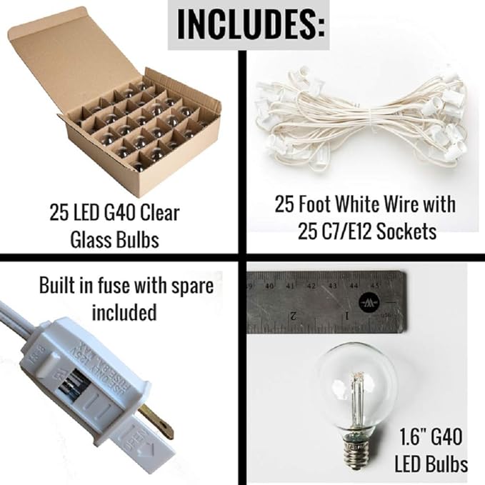 Hometown Evolution, Inc. G40 LED Warm White Outdoor Patio String Lights with 0.6 Watt Bulbs (G40 LED 3 Diode - White Wire, 25 ft)