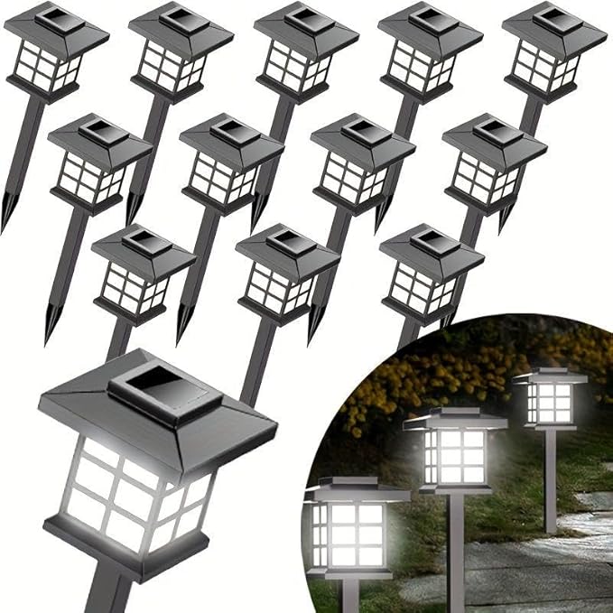 Solar LED Garden Light Lawn Light, Outdoor Path Channel Lighting, Suitable for Courtyard, Lawn and Lane Decoration, Windproof and Energy-Saving, Decorative Garden Light (12 White Lights)