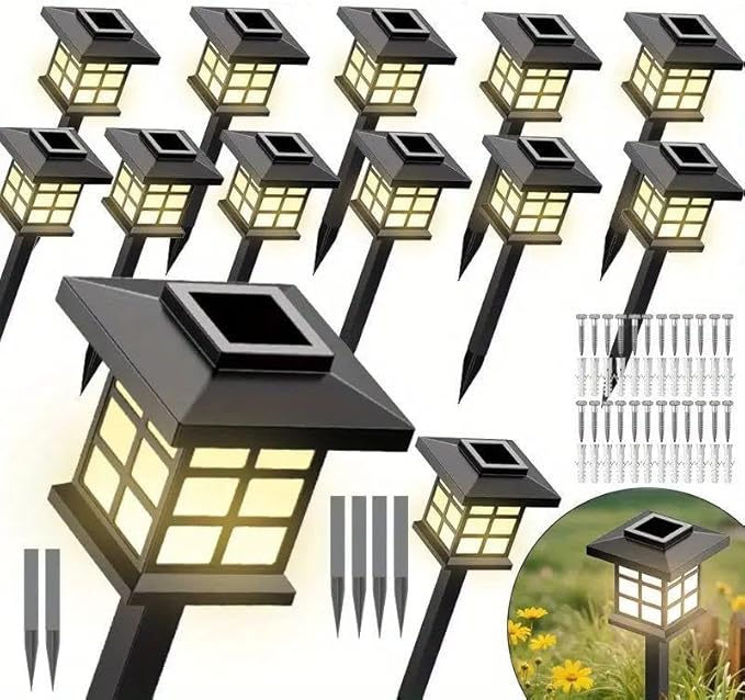 Solar Outdoor Path Lights, Waterproof LED Landscape Garden Lights, IP55Black Grid Design, 15.7 Inch Height, 700mA Battery (Warm Light, 11 get 1 Free)