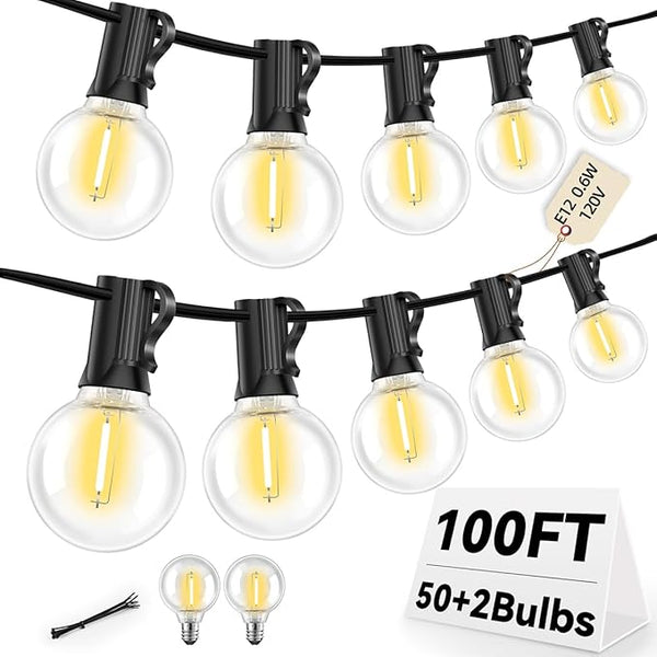 100FT G40 LED Outdoor String Lights with 50 Shatterproof Bulbs + 2 Spares, E12 Socket, 2700K Warm White | Lumora
