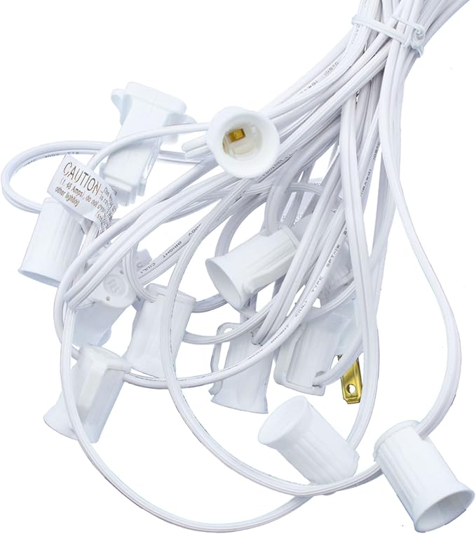 EST. LEE DISPLAY L D 1902 Outdoor Patio String Light Cords with Male & Female Plugs Green & White Wire 12in Spacing Sockets, 25FT Length (White, C7 - E12)