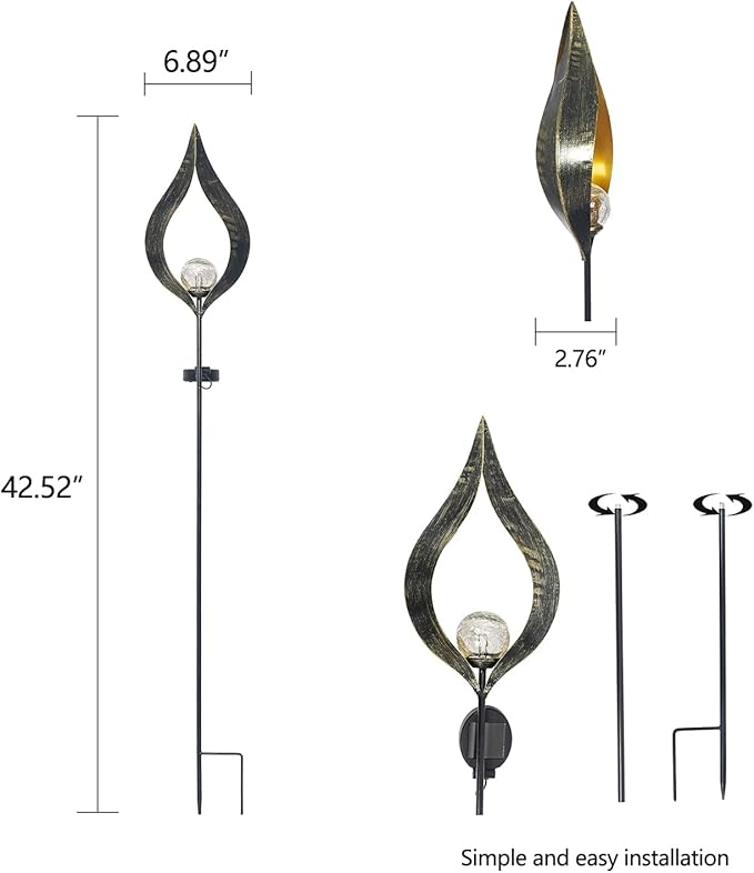 Outdoor Solar Lights Garden, Flame Crackle Glass Globe Stake Metal Waterproof LED Lights for Pathway, Lawn, Patio, Courtyard, Backyard