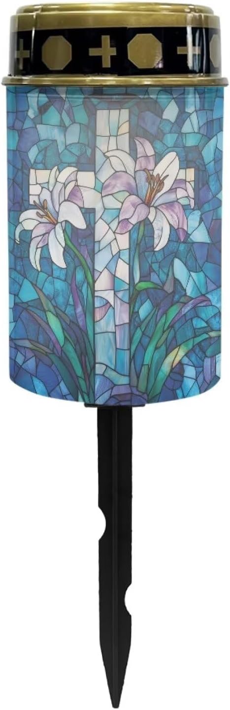 Cemetery Solar Lights for Grave, Cross Lily Pattern Outdoor Decor, Outdoor Garden Waterproof Path Lights for Night | Lumora