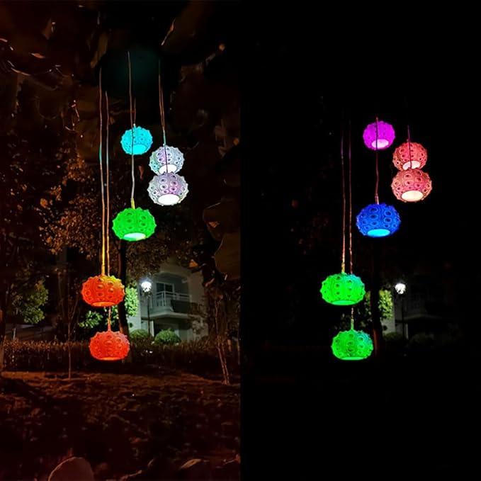 Solar Sea Urchin Wind Chime Light 6 LEDs Colorful Color Changing Outdoor Decorative Solar Hanging Light Painted Marine LED Lights for Garden Walkway Patio Yard, 1 Pack