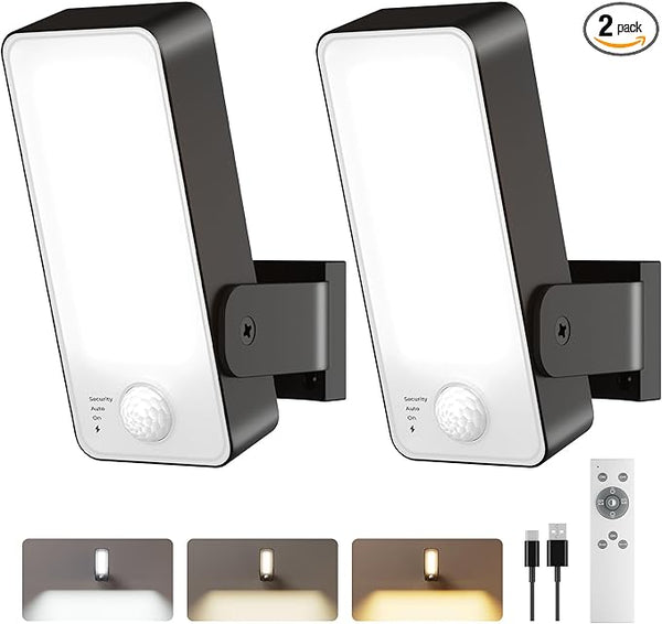 2 Pack Motion Sensor Outdoor Lights, 10000mAh Rechargeable 600 Lumen Battery Operated Outdoor Wall Lights with 3 | Lumora