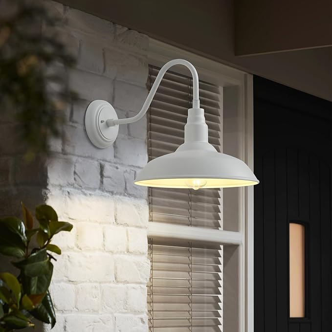 10 Inch Dome Outdoor Gooseneck Barn Lights for Porch, Farmhouse Exterior Light Fixture with Wall Mount, Matte White | Lumora