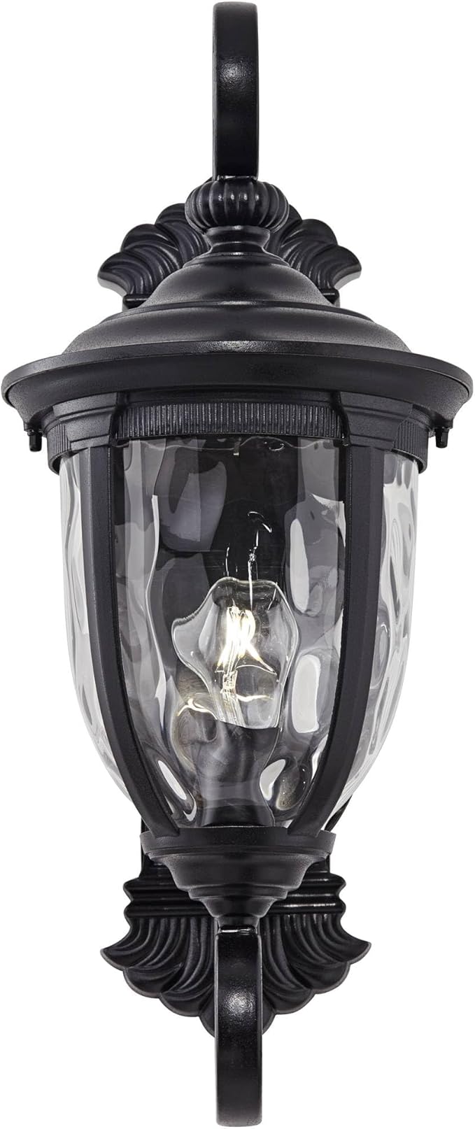John Timberland Bellagio European Outdoor Wall Light Fixture Texturized Black Dual Scroll Arm 24" Clear Hammered Glass for Exterior House Porch Patio Outside Deck Garage Front Door Garden Home