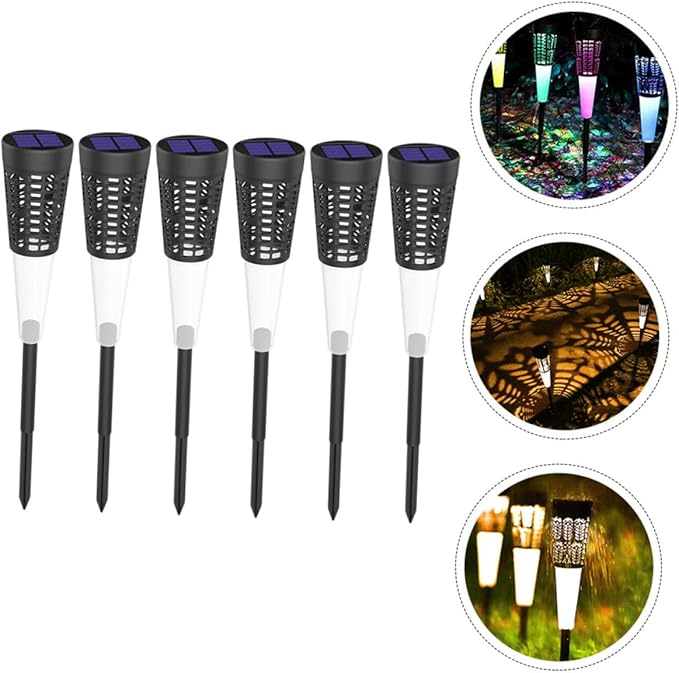 ABOOFAN 6pcs Solar-Powered Garden Stake Lights with Warm and Colorful Projection, Outdoor Lawn and Pathway Lights for Courtyard Decoration, Cone Hollow Design, Weather-Resistant Landscape