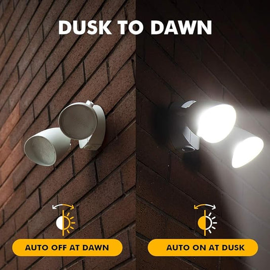 LUTEC 6222W-D2D 3500 Lumen 32 Watt Dusk to Dawn Dual-Head Flood Light Outdoor Waterproof Exterior Security Wall Light, Full Metal Design Floodlight for Patio, Garden, Yard-White