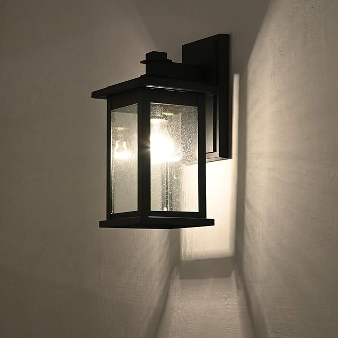 MICSIU 12-Inch Black Outdoor Wall Lantern, Modern Square Exterior Sconce with Clear Seedy Glass, Anti-Rust Waterproof Outside Wall Mount Light for House, Porch, Garage, Garden, E26 Base, 1-Pack