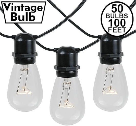 Novelty Lights 100 Feet, 50 in-Line E26 Sockets, S14 String Light Set with Clear Incandescent Bulbs, Heavy Duty Black Wire Patio Lights, Weather Resistant, Non-Connectable