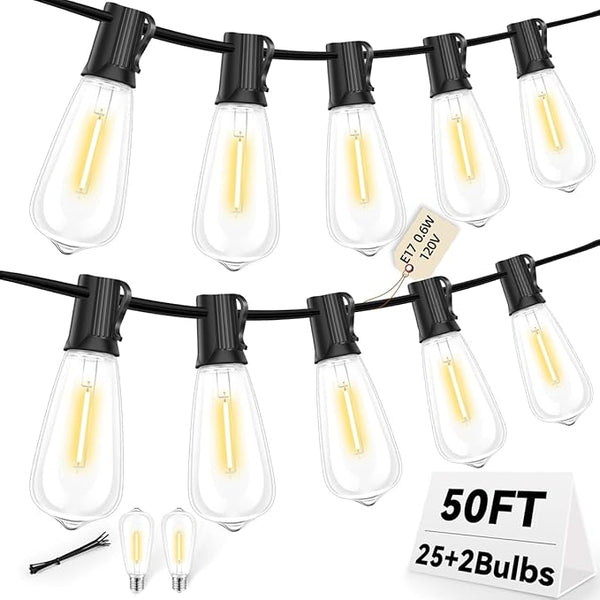 50FT Outdoor LED String Lights,Vintage ST40 LED Bulbs (25+2 Spare),Shatterproof Plastic,E17 Socket,2700K Warm | Lumora