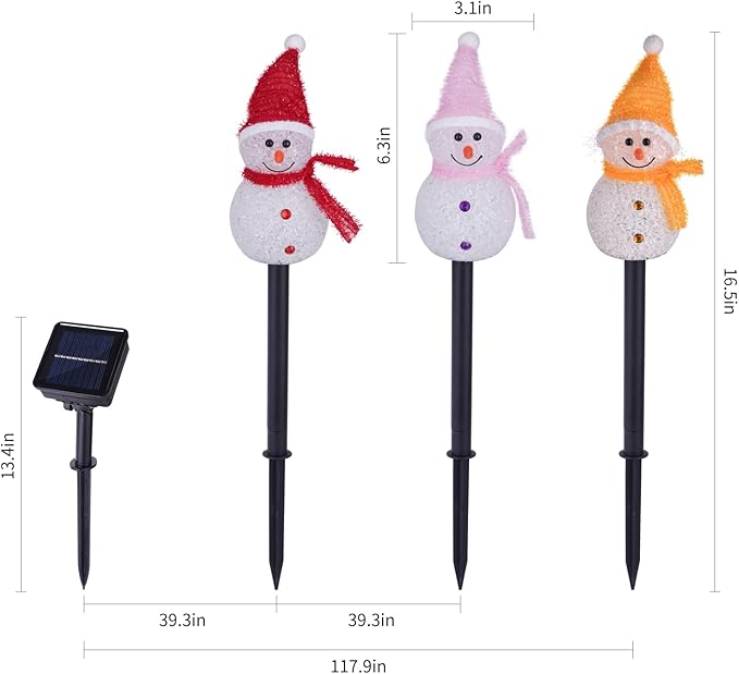 Solar Christmas Pathway Lights Outdoor Decor, Set of 3 Led Snowman Stake Lights, Waterproof Walkway Landscape Light for Winter Yard, Garden, Solar Christmas Decorations