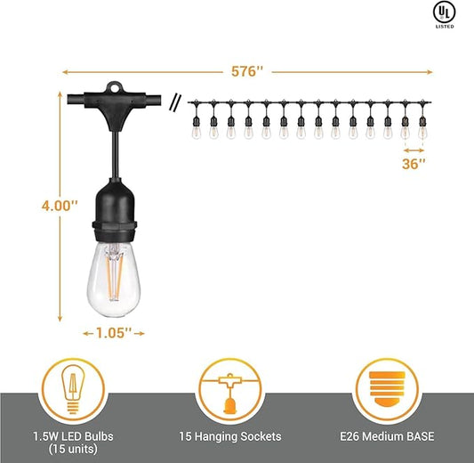 Diodesy- 48Ft Outdoor String Lights with S14 LED Shatterproof Edison Bulb & 15 Hanging Socket Commercial Grade E26 Medium Base 22.5W 2250 Lumens 2700K Warm White- Waterproof for Patio Garden Backyard