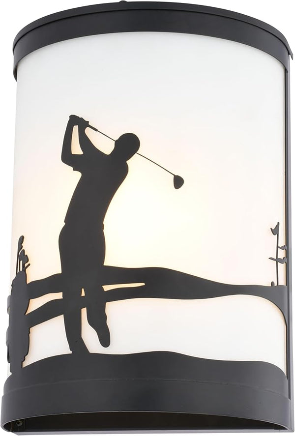 VAXCEL Links 1-Light 8 in. Wide Black Indoor-Outdoor Flush Mount Wall Sconce with Metal Golfer Cutout and Frosted | Lumora