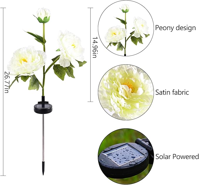 2Pack Solar Flower Lights Outdoor Garden Decor, Waterproof LED Realistic Peony Lamp, Solar Lawn Lamp for Courtyard Decoration, Garden Gifts for Women