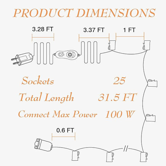 C9 String Lights with Dimmer and Timer - 31.5FT Dimmable C9 Light String with 25 E17 Light Sockets 12" Spacing, Indoor Outdoor Stringer for Bedroom, Porch, Backyard Decor, Black Wire