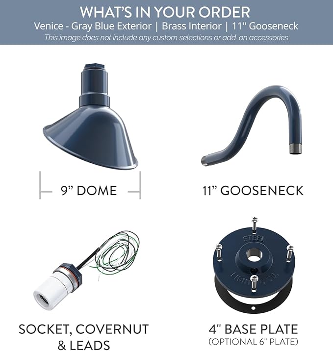 Steel Lighting Co. Venice Store Sign Light | for Outdoor Restaurant Accent Wall | 9 inch Dome | 11" Gooseneck | Made in America | Gray Blue Exterior/Brass Interior